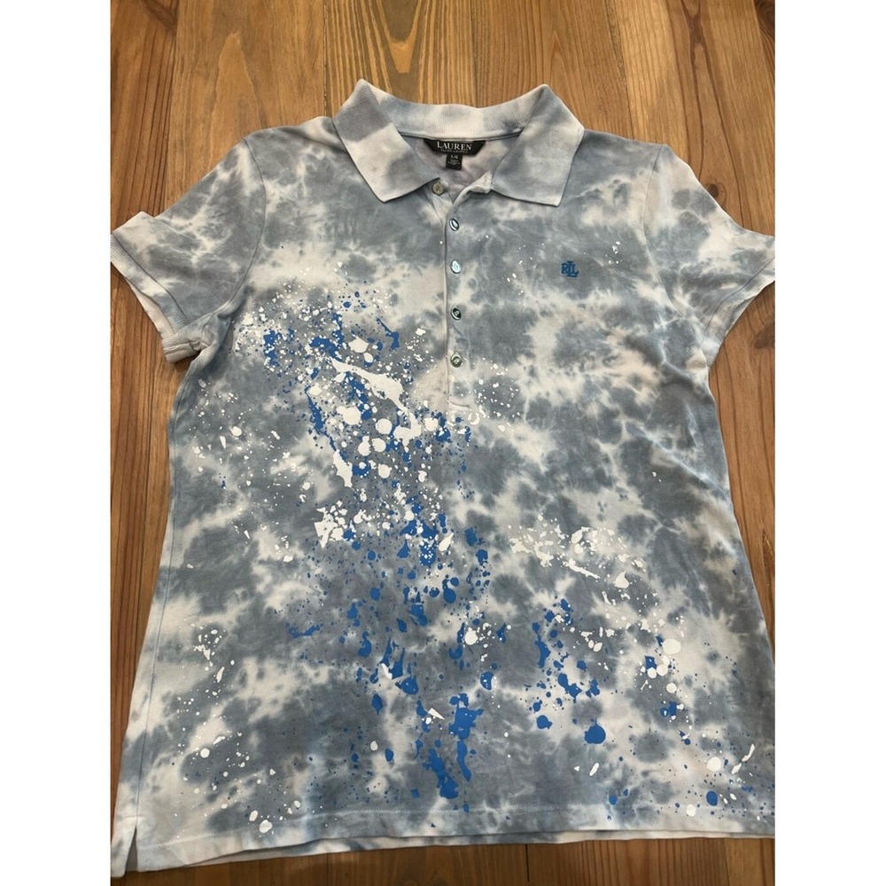 Lauren Ralph Lauren Women's Polo Shirt L‎ Baby Blue & White Tie Dye